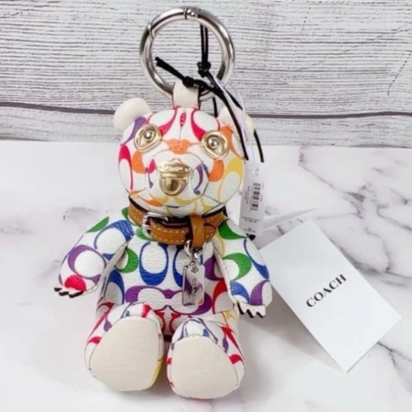 COACH Iconic Rainbow Colored White Signature Bear Keychain Purse Bag Charm NWT - Picture 1 of 8